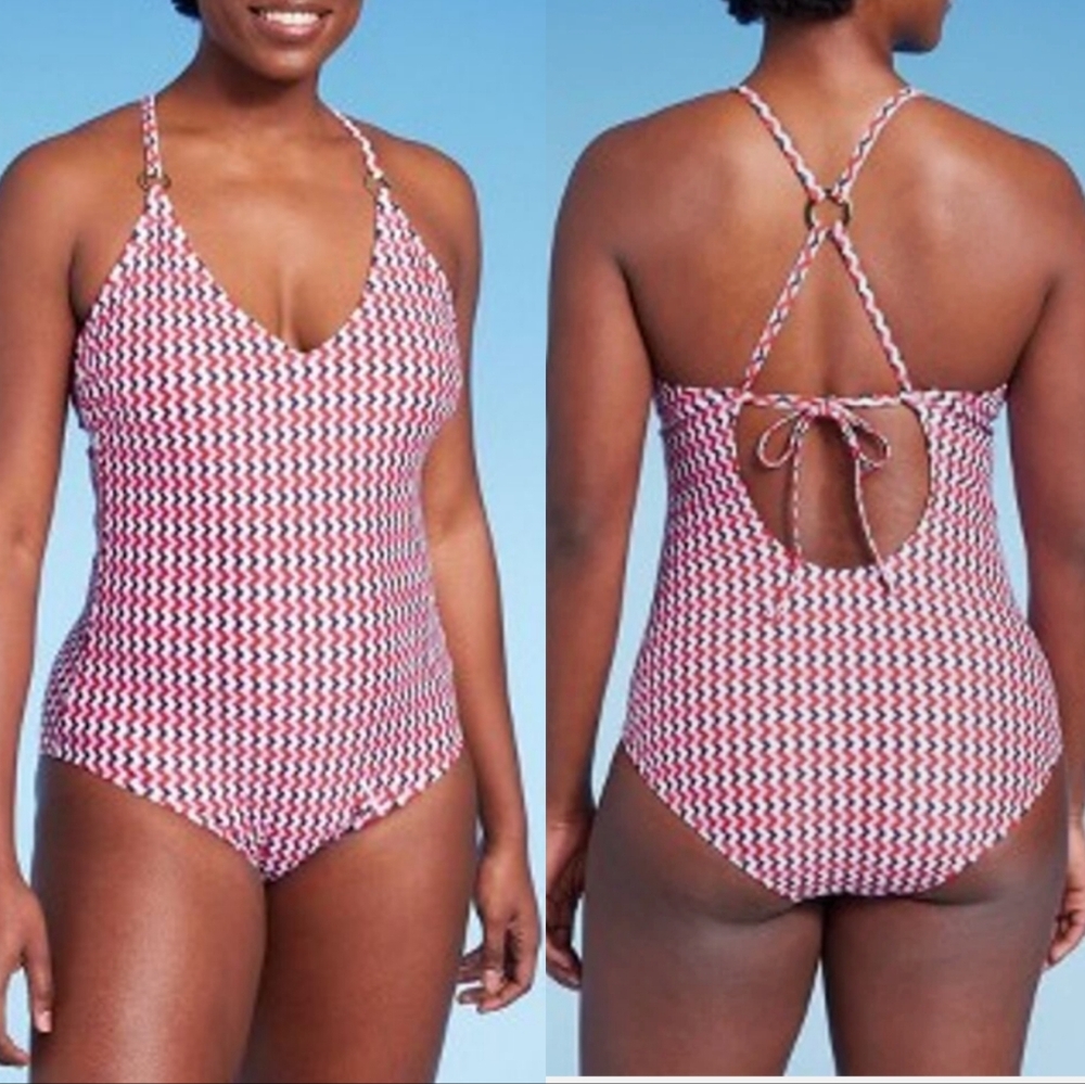 NWT Kona Sol Red, White & Blue Zigzag Print Swimsuit Size 22W